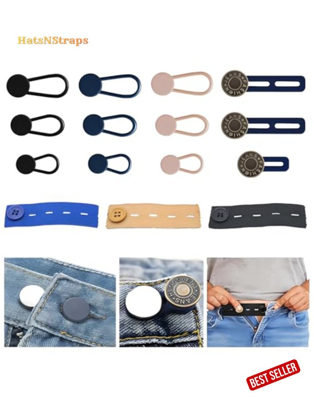 15pc Jean Button Extenders - Elastic Waistband for Loose Pants Maternity